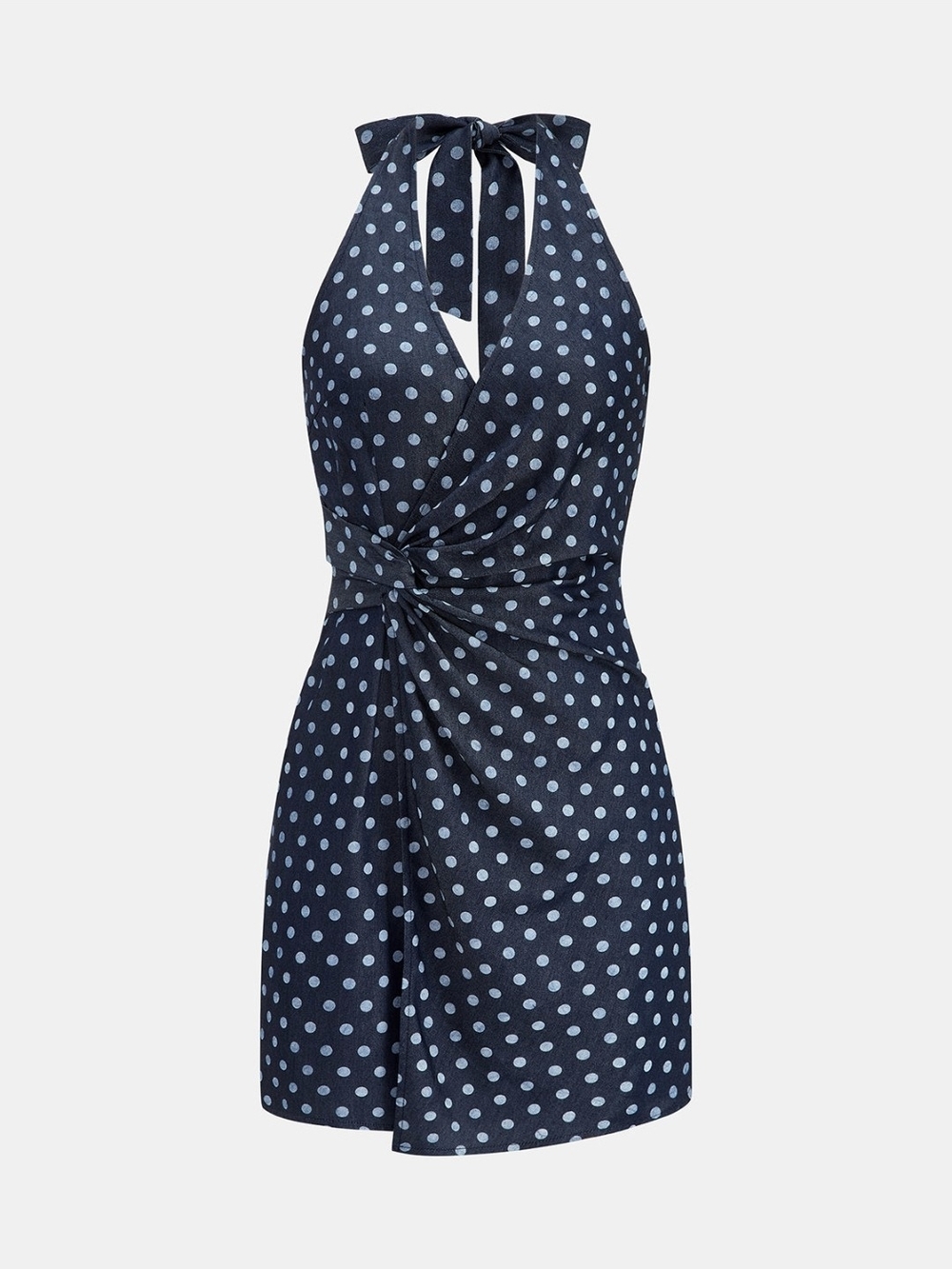 Commense Navy Blue Polka Dot Halter Mini Dress